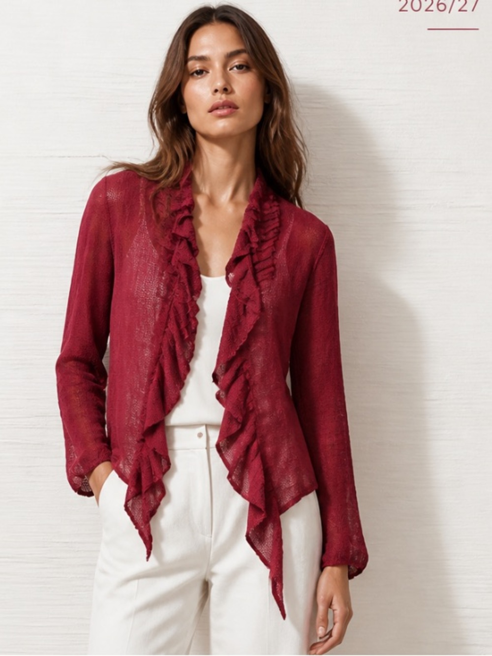 EILEEN FISHER Flutter Front Open Cardigan Sweater Linen Red Burgundy Sheer Small